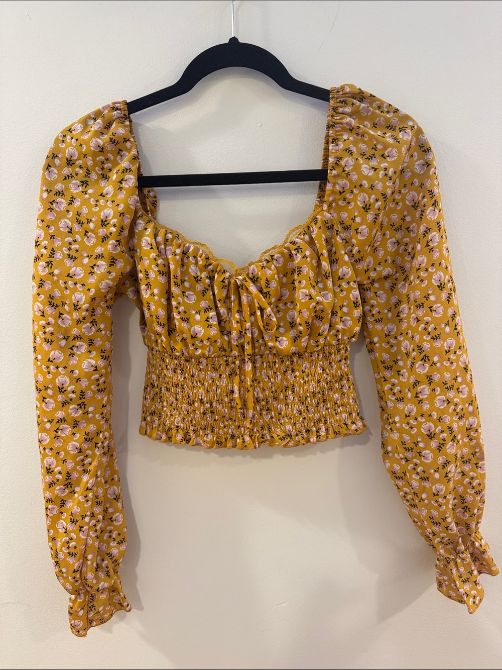 Forever 21 Mustard Floral Smocked Tie-Front Blouse